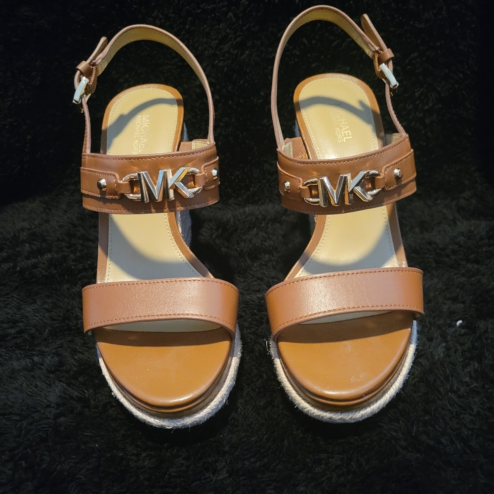 Michael Kors Tan Wedge Sandals with Gold Logo